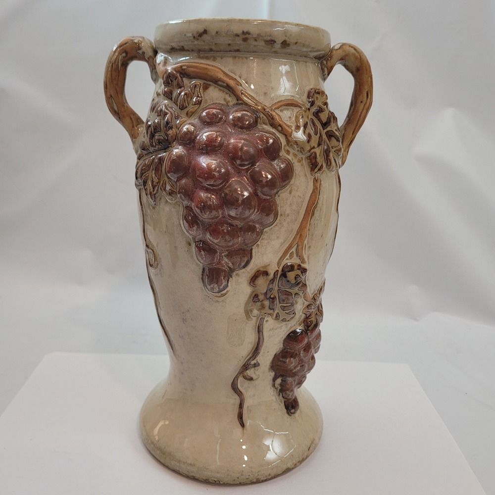 Vintage Ceramic Grape Relief Urn Vase Cream Brown Dual Handle 9 Inch tall